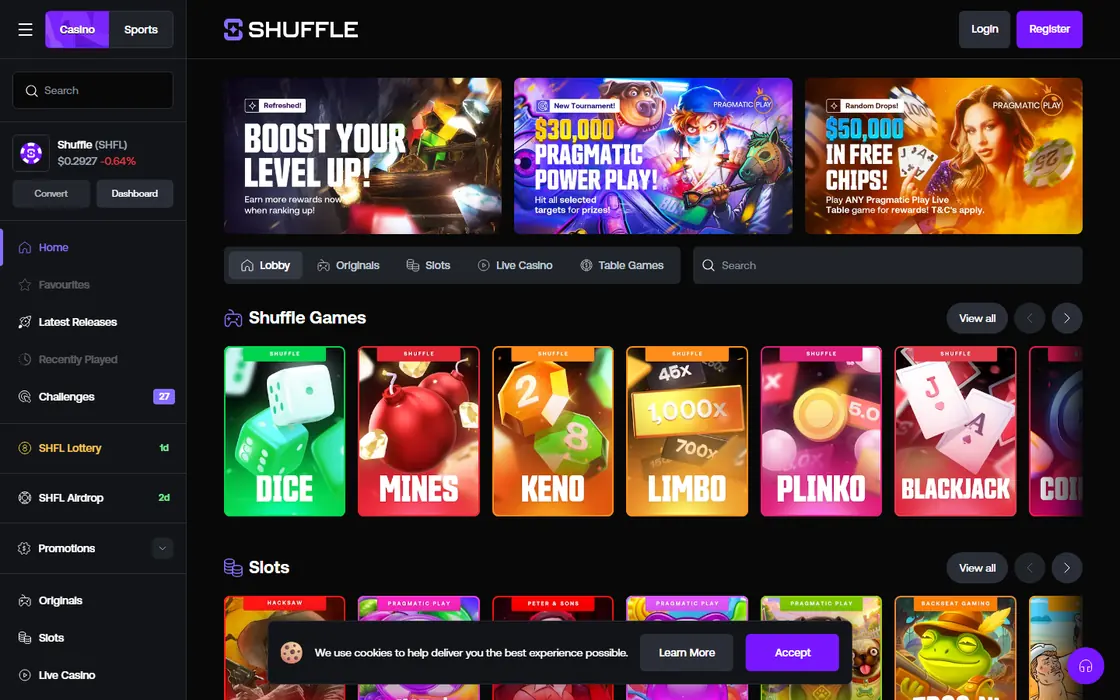 The Shuffle lobby with Dice as the first Shuffle game