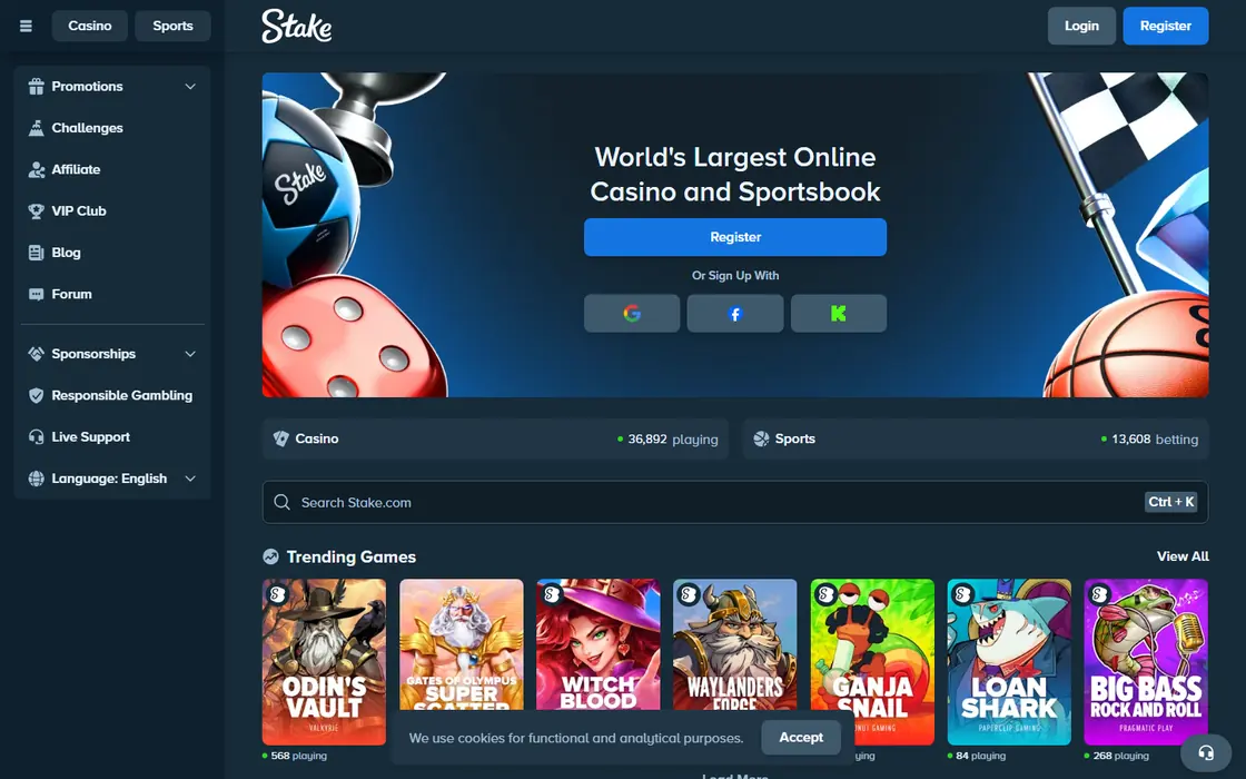 The Stake home page with the dice icon in the hero