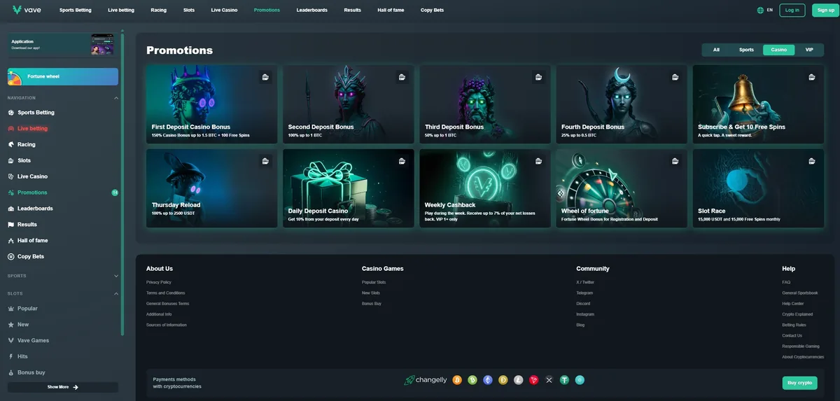 The Vave promotions page with the deposit bonuses