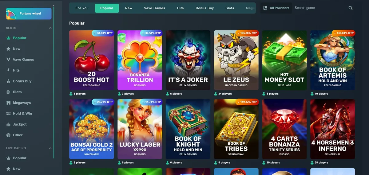 The Vave game list sorted as popular