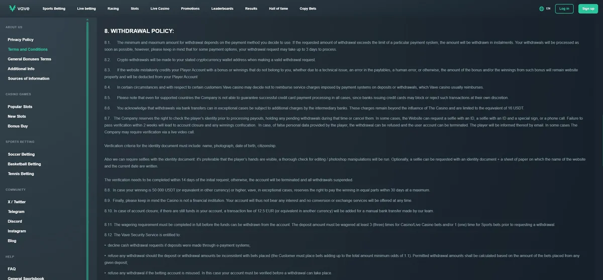 The withdrawal policy in the Vave terms